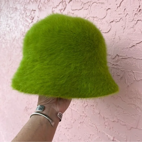 Unbranded Fuzzy Green Bucket Hat Angora Blend Soft - Picture 2 of 8